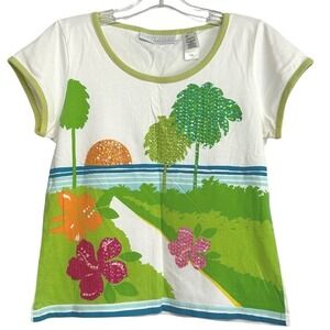 First Issue Liz Claiborne Graphic Tee Womens White Tropical Sequin Beach Y2K PL